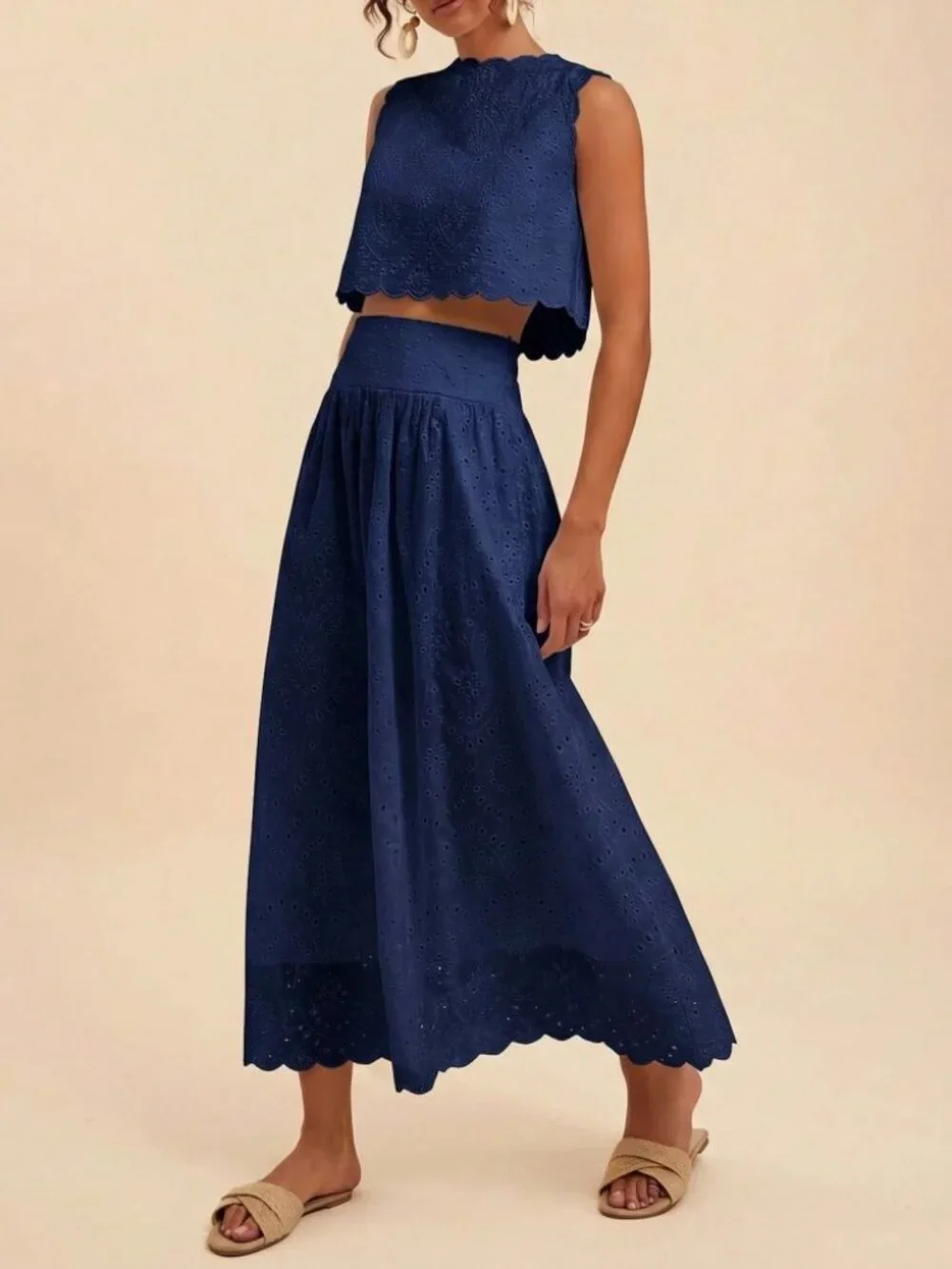 Navy Eyelet Embroidered Scalloped Crop Top & Maxi Skirt Set